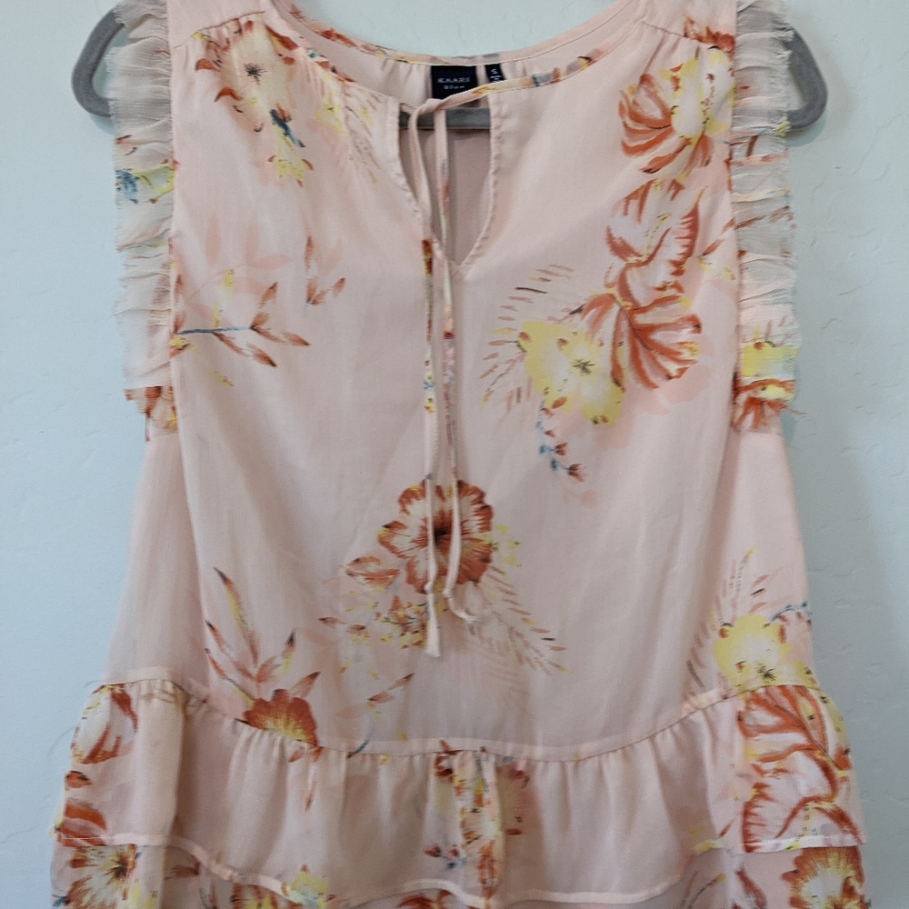 Kaari blue, size small, peach, floral, ruffled, chiffon, sleeveless